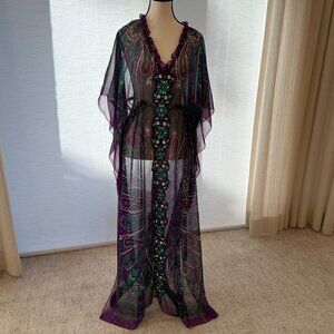 KAS New York Purple Paisley Sheer Embellished Maxi Cover Up Kaftan Size M